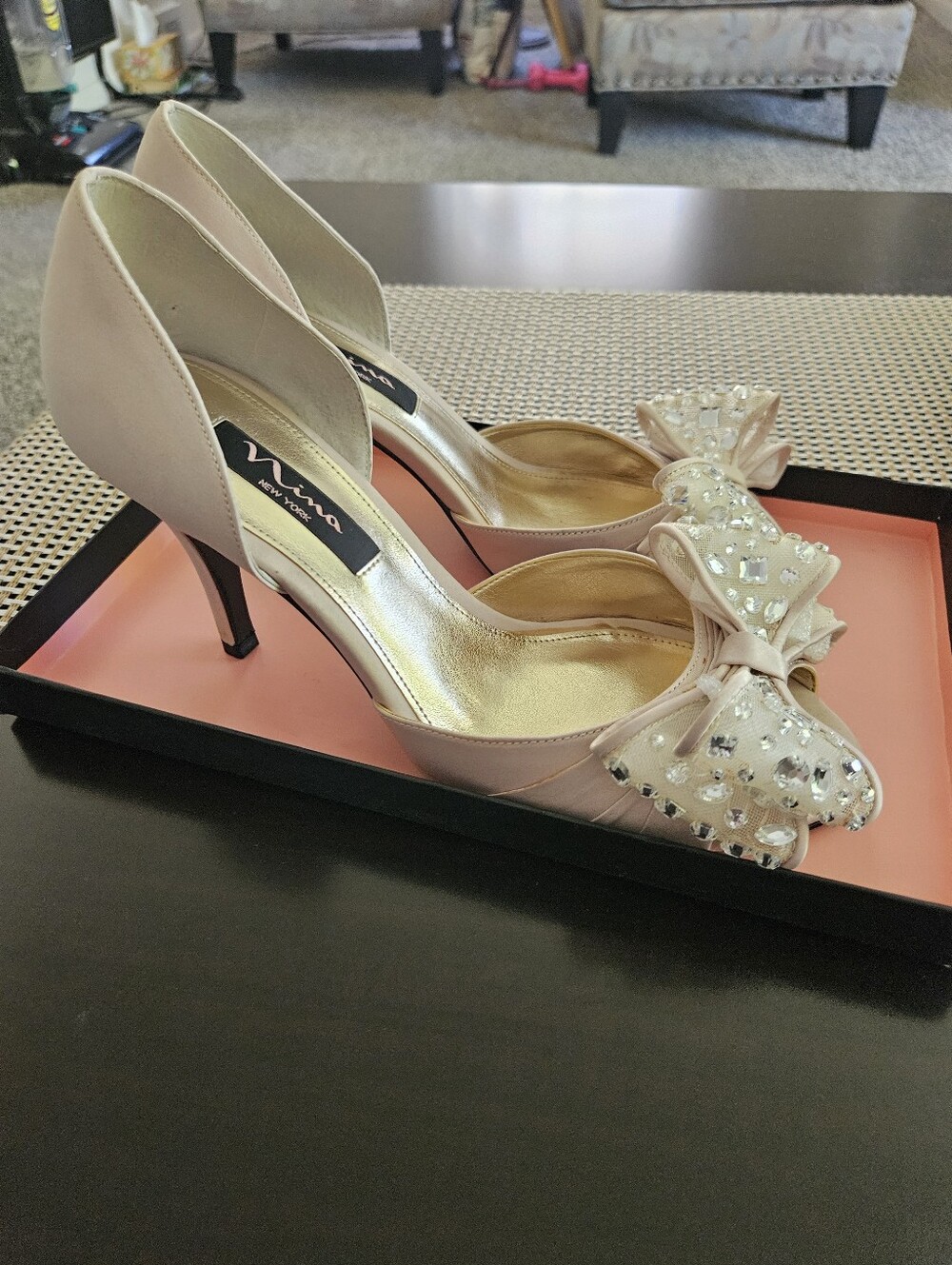 Nina Pale Pink Crystal Bow Pointed-Toe D'Orsay Heels
